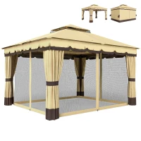 Outsunny Pérgola de Jardim 3,7x3 m com Teto Duplo, 4 Cortinas e Mosquiteira, Estrutura em Aço, Orifícios de Drenagem, UV30+, Bege(m-10)