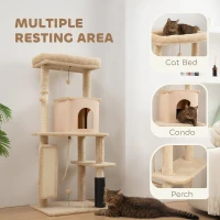 PawHut 132cm Cat Tree w/ Scratching Posts, Pad, Cat Bed, Cat House, Jumping Platform, Grooming Brush, Anti-Tip Kit, Beige(m-4)