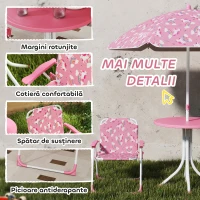 AIYAPLAY Masă de Picnic pentru Copii, Set Masă și Scaune cu 2 Scaune Pliabile și Umbrelă Detasabilă, Temă Junglă, Mobilier de Exterior pentru Grădină, Patio, Roz(m-6)
