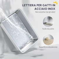 PawHut Lettiera in acciaio inox WC aperto con paletta bordo alto per gatti grandi fino a 7 kg, 60,2 x 40,2 x 29,7 cm, Grigio(m-7)