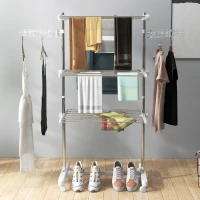 HOMCOM Stendino Verticale Pieghevole in Acciaio e Plastica con 6 Ruote e 3 Ripiani Regolabili, 142x55x172 cm(m-8)