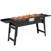 Outsunny Portable BBQ Grill, Foldable Charcoal Grill for Camping and Picnics with 2 Side Shelves and Handle, Black(m-10)