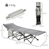 Outsunny Lit de camp pliable transat avec matelas, appui-tête, pochette latérale et sac intégré, en métal et tissu Oxford, gris(m-3)