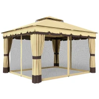 Outsunny Pérgola de Jardim 3,7x3 m com Teto Duplo, 4 Cortinas e Mosquiteira, Estrutura em Aço, Orifícios de Drenagem, UV30+, Bege(m-1)
