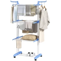 HOMCOM Estendal Dobrável para Roupa com Rodas Estendal Vertical de Aço com 3 Níveis Laterais Dobráveis 73x64x177cm Azul e Branco(m-11)
