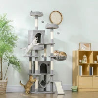 PawHut Arbre à chat tour de jeux pour chat 8 poteaux à griffer 4 plateformes 2 niches  échelle et 3 boules hauteur 192 cm gris(m-10)