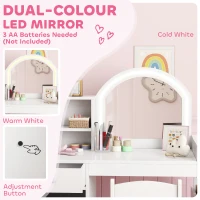AIYAPLAY Kids Vanity Table and Chair Set, Girls Dressing Table with 2-Colour LED Mirror, Stool, Cabinet, Drawer, Shelves, White(m-5)