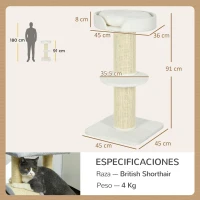 PawHut Árbol para Gatos Altura 91 cm de 3 Niveles con Nido Plataforma y Poste de Sisal 45x45x91 cm Crema(m-3)