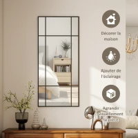 HOMCOM Miroir mural verrière rectangulaire style fenêtre, horizontal ou vertical avec 4 crochets, en métal noir - 110x50 cm(m-4)