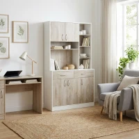 HOMCOM Credenza Cucina Multifunzione in Legno con Cassetti e Vani Aperti, 100x39x181,5 cm, Bianco(m-2)