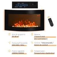 HOMCOM Șemineu Electric de Perete cu Lumină LED în 7 Culori, Putere 1000/2000W și Temperatură 15-30°C, Negru(m-10)