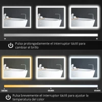 kleankin Espejo de Baño con Luces LED Regulable en 3 Colores 80x60 cm Función Antivaho Función de Memoria Interruptor Táctil(m-5)