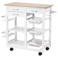 HOMCOM Carrito de Cocina Carro de Servicio Multifuncional con Cajones Cestas Estantes para Especias Toallero Ruedas 92x37x82 cm Blanco(m-13)