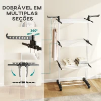 HOMCOM Estendal Dobrável para Roupa com Rodas Estendal Vertical de Aço com 3 Níveis Laterais Dobráveis 73x64x177cm Preto e Branco(m-6)