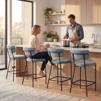 HOMCOM Set de 2 Scaune de Bar cu Spătar și Tapițate, Scaune înalte din material textil cu suport pentru picioare integrat și structură din metal ușor de montat, Scaune pentru bucătărie și living, Gri deschis(m-9)