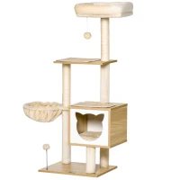 PawHut Tiragraffi per Gatti con 2 Pali, Casetta, Amaca, Lettino e 2 Palline, in Legno, Pile e Sisal, 48x40x126 cm(m-10)