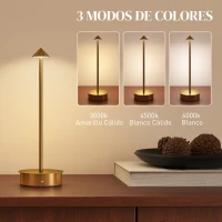 HOMCOM Juego de 2 Lámparas de Mesa LED Recargables con USB y Control Táctil y Luz Regulable Ø10x30 cm Dorado(m-4)