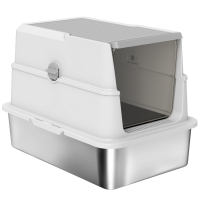 PawHut Bac à litière fermé XL en acier inoxydable, maison de toilette pour grand chat, 60,2 x 40,2 x 43,3 cm, gris clair