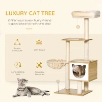 PawHut Tiragraffi per Gatti con 2 Pali, Casetta, Amaca, Lettino e 2 Palline, in Legno, Pile e Sisal, 48x40x126 cm(m-4)