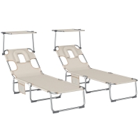 Outsunny Set de 2 șezlonguri pliante reclinabile cu copertină 360° orificiu facial buzunar lateral și Textilene 550 g/m² bej