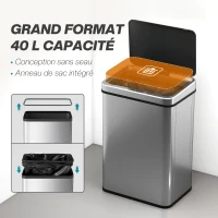 HOMCOM Poubelle à Capteur de 40L, Couvercle à Fermeture en Douceur, Poubelle de Cuisine Automatique Acier Inoxydable, Argenté(m-5)