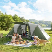 Outsunny Family Camping Tent 3000mm Waterproof Windproof Tunnel Tent 8-12 Person Two Bedrooms Green(m-2)