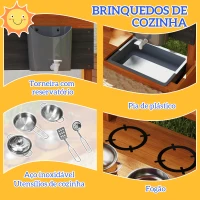 Outsunny Caixa de Areia de Madeira para Crianças com Toldo Regulável e Brinquedos de Cozinha para Crianças de 3-7 Anos 114x110x110 cm Vermelho(m-5)