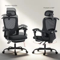 HOMCOM Chaise bureau ergonomique, fauteuil de bureau en maille avec appuie-tête réglable, support lombaire, 64x64x124cm, noir(m-8)