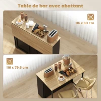 HOMCOM Table de bar extensible avec abattant, table haute cuisine, 1 placard et 4 compartiments ouverts, 116x79,6x90,5cm, noir(m-4)
