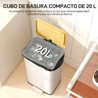 HOMCOM Cubo de Basura Cocina con Pedal 20L Tapa Cierre Suave Cubo Interior Extraíble 29,5x29,5x56,8 cm Blanco y Natural(m-4)