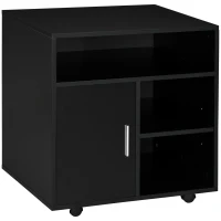 HOMCOM Mobile Porta Stampante a Rotelle con Armadietto e 3 Ripiani Aperti, in Legno, 60x50x65.5 cm, Nero(m-11)