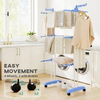 HOMCOM Foldable Clothes Drying Rack, 4-Tier Steel Garment Laundry Rack with Castors for Indoor and Outdoor Use, Blue(m-7)