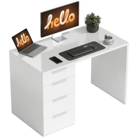 HOMCOM Birou Compact, 110x61.5x75 cm, Birou Modern cu 4 Sertare, Masă pentru Computer, pentru Acasă, Studiu, Cameră sau Birou, Alb Lucios(m-10)