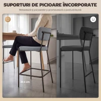 HOMCOM Set de 2 Scaune de Bar cu Spătar și Tapițate, Scaune înalte din material textil cu suport pentru picioare integrat și structură din metal ușor de montat, Scaune pentru bucătărie și living, Gri deschis(m-7)