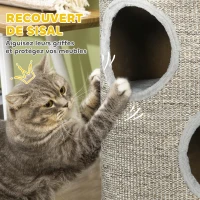 PawHut Tonneau à gratter pour chat, tour à griffer en sisal à 3 niveaux recouvert de peluche, Ø 38 x 70 cm, gris(m-6)
