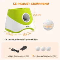 PawHut Lanceur de Balles Automatique avec 3 Balles en ETPU, 3 Réglages de Distance 6m/10m/14m, Intérieur et Extérieur, Vert(m-3)