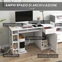 HOMCOM Scrivania per PC Ergonomica con Mensole, Armadietto, Cassetto e Piano Tastiera Estraibile, 120x60x74 cm, Bianca(m-4)