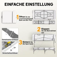 Outsunny 3-teiliges Picknicktisch-Set, 1 Tisch, 2 Bänke, Faltbarer Campingtisch mit Tragegriffen, Kunststoff, Metall, Weiß(m-4)
