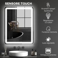 HOMCOM Specchio Bagno LED Touch con Luce Dimmerabile, a 3 Temperature e Antiappannamento, 70x90 cm(m-5)