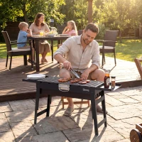 Outsunny Portable BBQ Grill, Foldable Charcoal Grill for Camping and Picnics with 2 Side Shelves and Handle, Black(m-7)