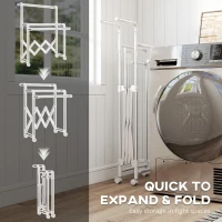 HOMCOM Uscător de Rufe Pliabil cu 3 Bare Reglabile, Roți Rotative și Cadru din Oțel Inoxidabil, Argintiu(m-5)