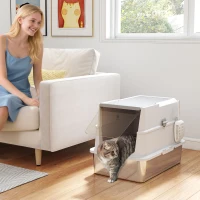 PawHut Bac à litière fermé XL en acier inoxydable, maison de toilette pour grand chat, 60,2 x 40,2 x 43,3 cm, gris clair(m-10)