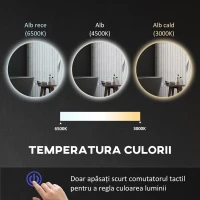 kleankin Oglindă de Baie cu Lumină LED Rotundă 80cm, 3 Culori, 3000-6500K, Oglindă de Perete Iluminată cu Interruptoare Touch, Luminozitate Reglabilă, Funcție Memorie și Anti-Ceață, IP44(m-6)