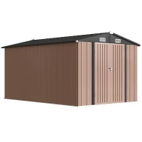 Outsunny Abrigo de Jardim em Metal 364 x 238 cm com 4 Aberturas de Ventilação e Portas Duplas com Fechadura, Castanho(m-1)