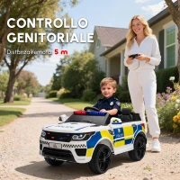HOMCOM Macchina Elettrica per Bambini della Polizia, 12V Auto Elettrica per Bambini con Telecomando, Sirena Luci Attacco USB per Musica, 110x68x52 cm, Bianco(m-9)