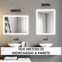 kleankin Specchio Bagno LED Antiappannamento con 3 Colori e Luminosità Regolabile, in Metallo e Vetro, 80x60x3 cm(m-8)