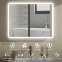 HOMCOM Oglindă de baie LED bluetooth 70 x 90 cm interruptor tactil lumină reglabilă 3 culori anti-abur memorie argintiu(m-4)