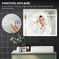 HOMCOM Miroir salle de bain LED bluetooth 80 x 100 cm interrupteur tactile lumière réglable 3 couleurs anti-buée mémoire argent(m-7)