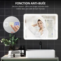 HOMCOM Miroir salle de bain Bluetooth avec éclairage LED 60 x 80 cm, miroir lumineux mural avec horloge, antibuée, argenté(m-7)