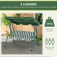 Outsunny Baloiço de Jardim de 2-3 Lugares com Almofada Toldo Ajustável Terraço Patio Capacidade 240kg 170x110x153cm Verde e Branco(m-5)